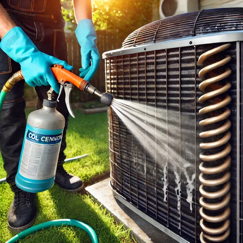 Homeowner cleaning A/C condenser coils